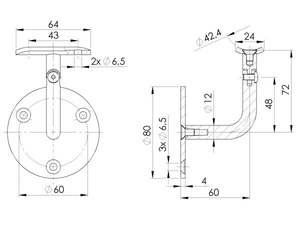 Edelstahl Handlaufstütze Handlaufhalter Handlaufträger Wandhalter mit Platte Rohr  42,4 geschliffen K320